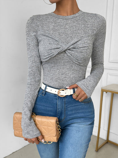 Slim Fit Long-Sleeve Knit Top with Twist Front