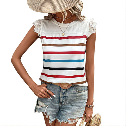 Striped T-Shirt with Lace Trim Ruffle Sleeves