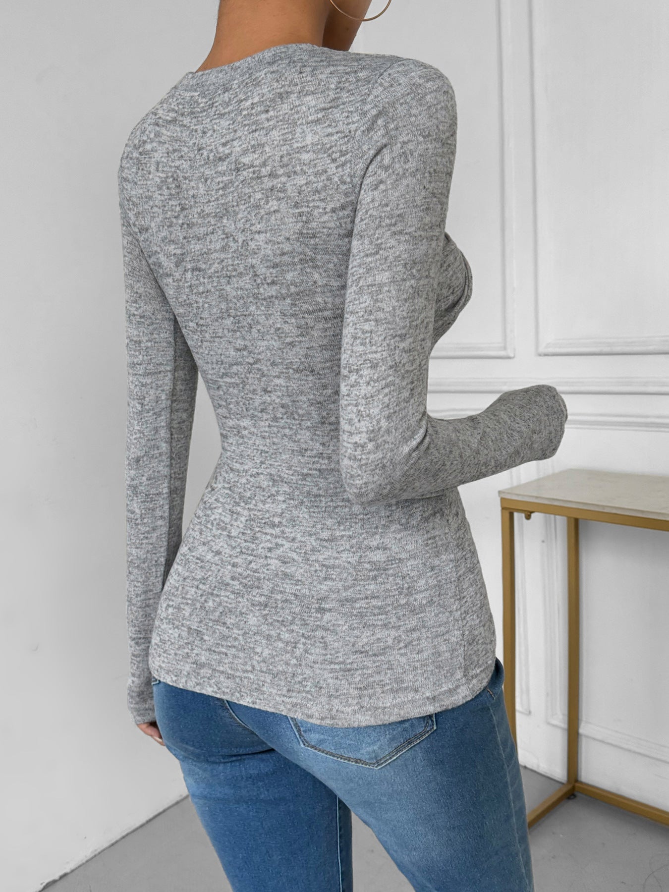 Slim Fit Long-Sleeve Knit Top with Twist Front