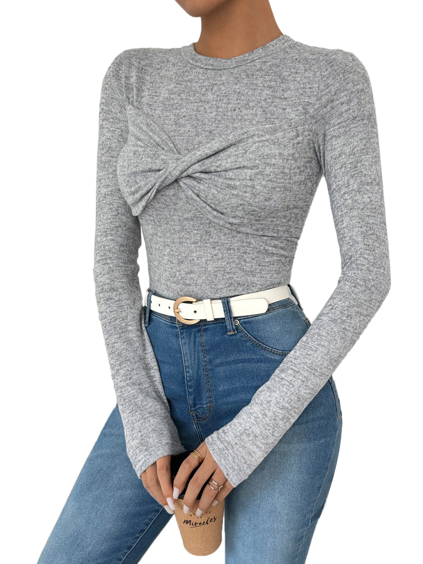 Slim Fit Long-Sleeve Knit Top with Twist Front