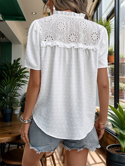 Short Sleeve Blouse with Eyelet Yoke and Tie V-Neck
