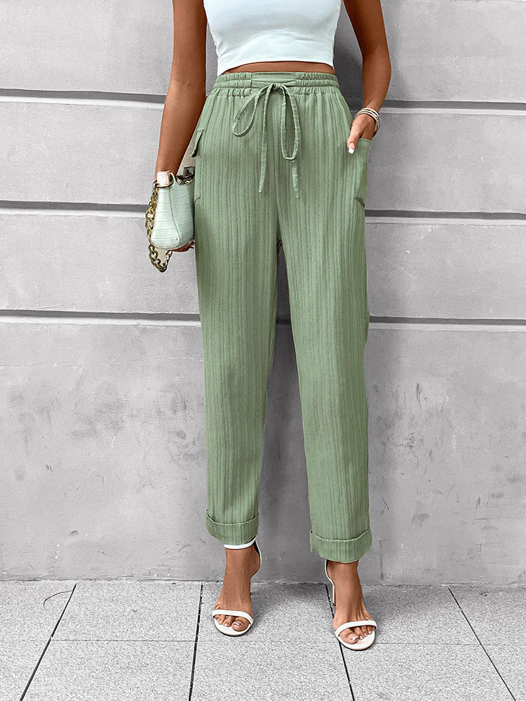 High-Waist Pleated Straight-Leg Pants with Drawstring