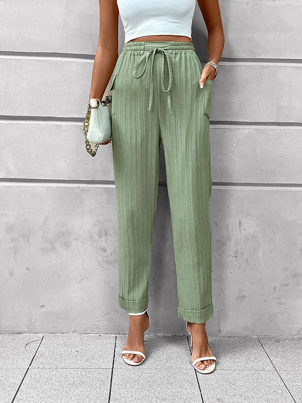 High-Waist Pleated Straight-Leg Pants with Drawstring