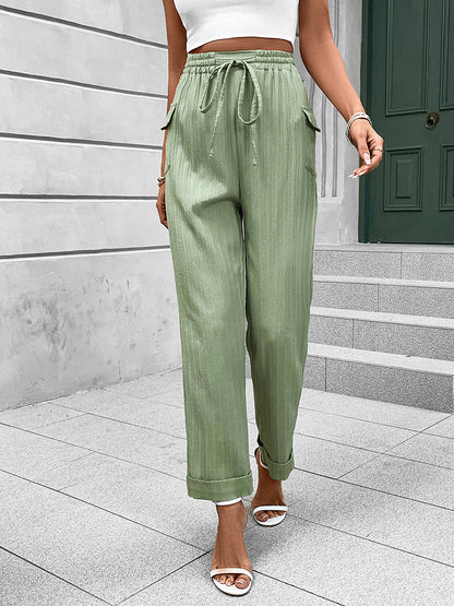 High-Waist Pleated Straight-Leg Pants with Drawstring