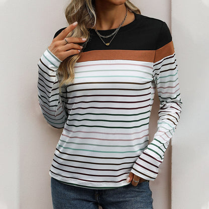 Striped Long-Sleeve Top with Color Block and Crewneck