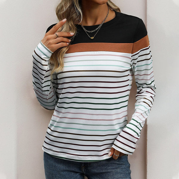 Striped Long-Sleeve Top with Color Block and Crewneck