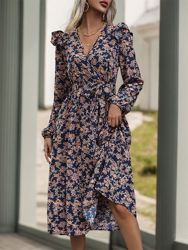 Floral Wrap Midi Dress with Ruffled Long Sleeves