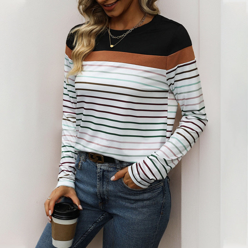 Striped Long-Sleeve Top with Color Block and Crewneck