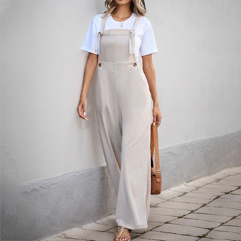 Wide-Leg Corduroy Overalls with Tie Shoulders and Pockets