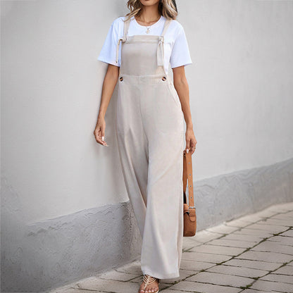 Wide-Leg Corduroy Overalls with Tie Shoulders and Pockets