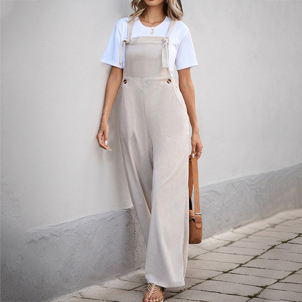 Wide-Leg Corduroy Overalls with Tie Shoulders and Pockets
