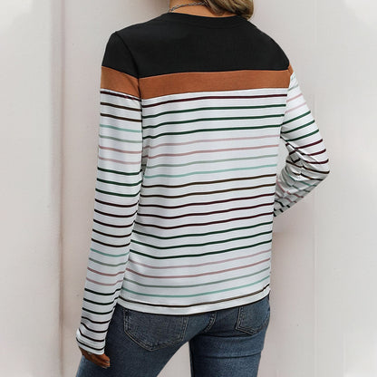 Striped Long-Sleeve Top with Color Block and Crewneck