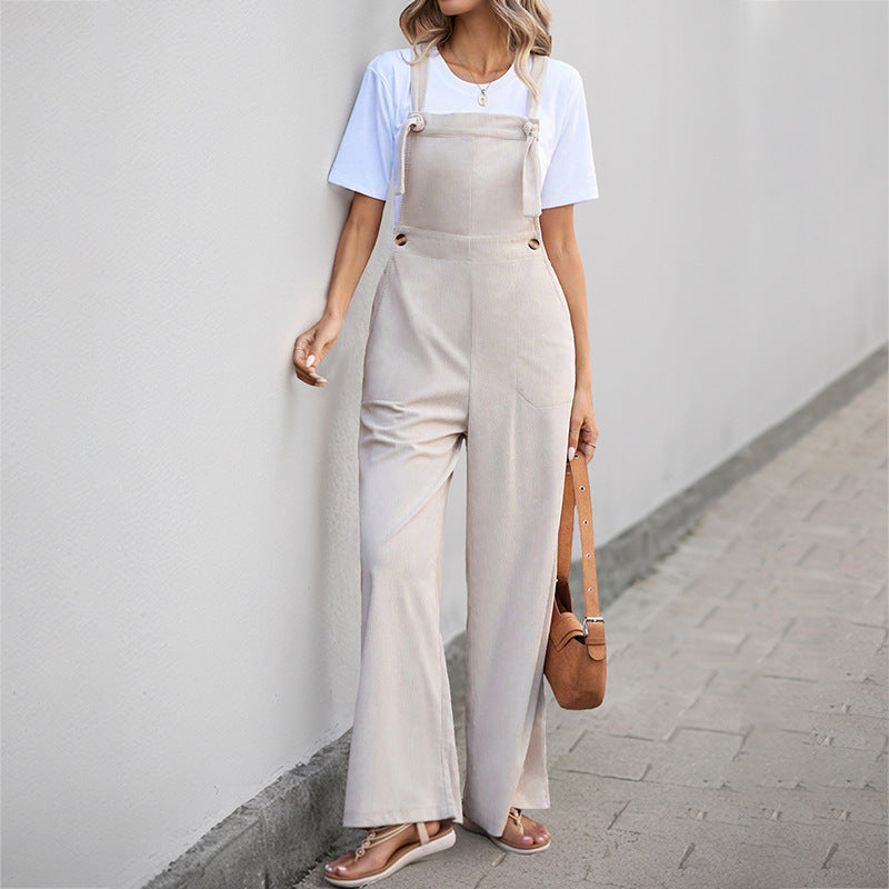 Wide-Leg Corduroy Overalls with Tie Shoulders and Pockets