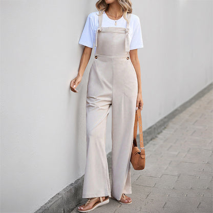 Wide-Leg Corduroy Overalls with Tie Shoulders and Pockets