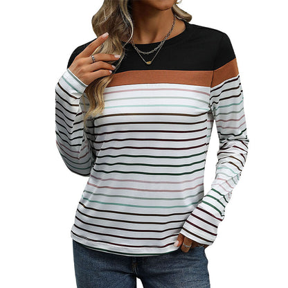 Striped Long-Sleeve Top with Color Block and Crewneck