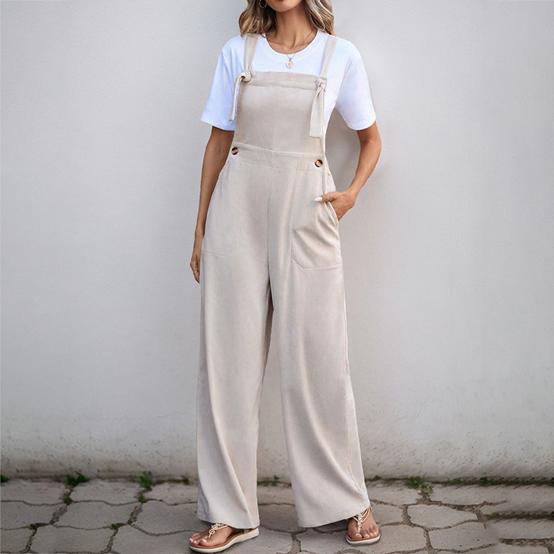 Wide-Leg Corduroy Overalls with Tie Shoulders and Pockets