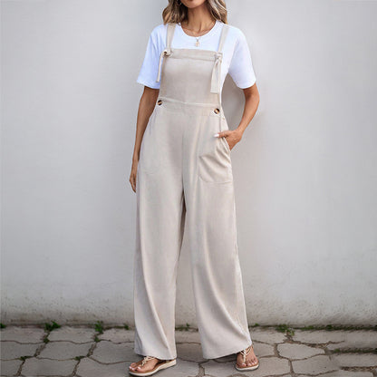Wide-Leg Corduroy Overalls with Tie Shoulders and Pockets