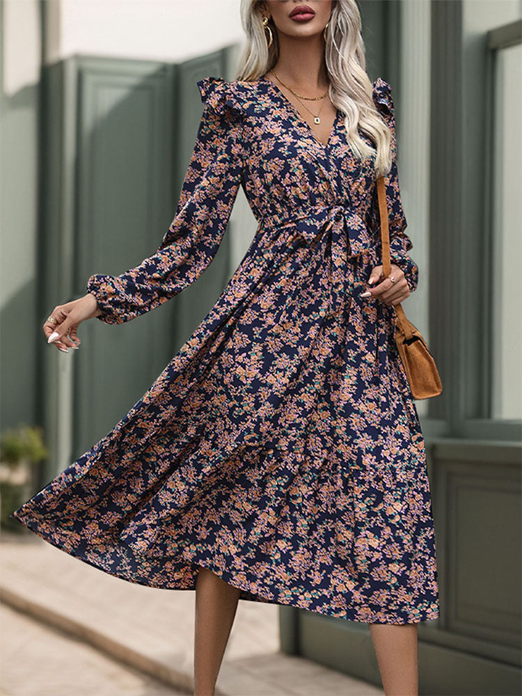 Floral Wrap Midi Dress with Ruffled Long Sleeves