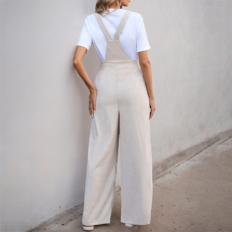 Wide-Leg Corduroy Overalls with Tie Shoulders and Pockets
