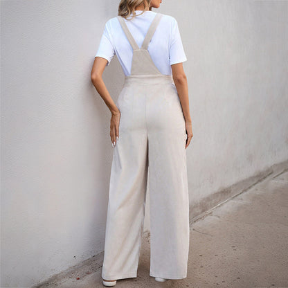 Wide-Leg Corduroy Overalls with Tie Shoulders and Pockets