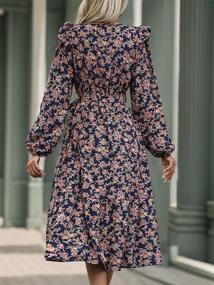 Floral Wrap Midi Dress with Ruffled Long Sleeves