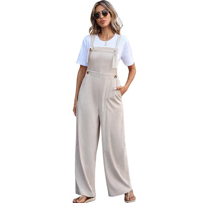 Wide-Leg Corduroy Overalls with Tie Shoulders and Pockets