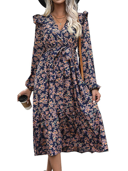 Floral Wrap Midi Dress with Ruffled Long Sleeves
