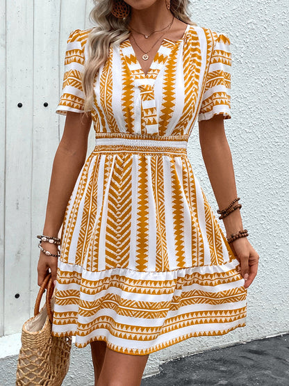 Ethnic Geometric Print A-Line Dress with V-Neck