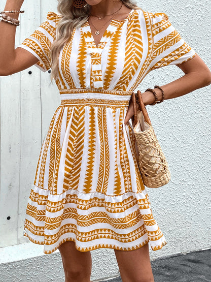 Ethnic Geometric Print A-Line Dress with V-Neck