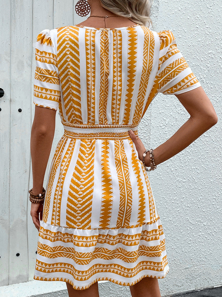 Ethnic Geometric Print A-Line Dress with V-Neck