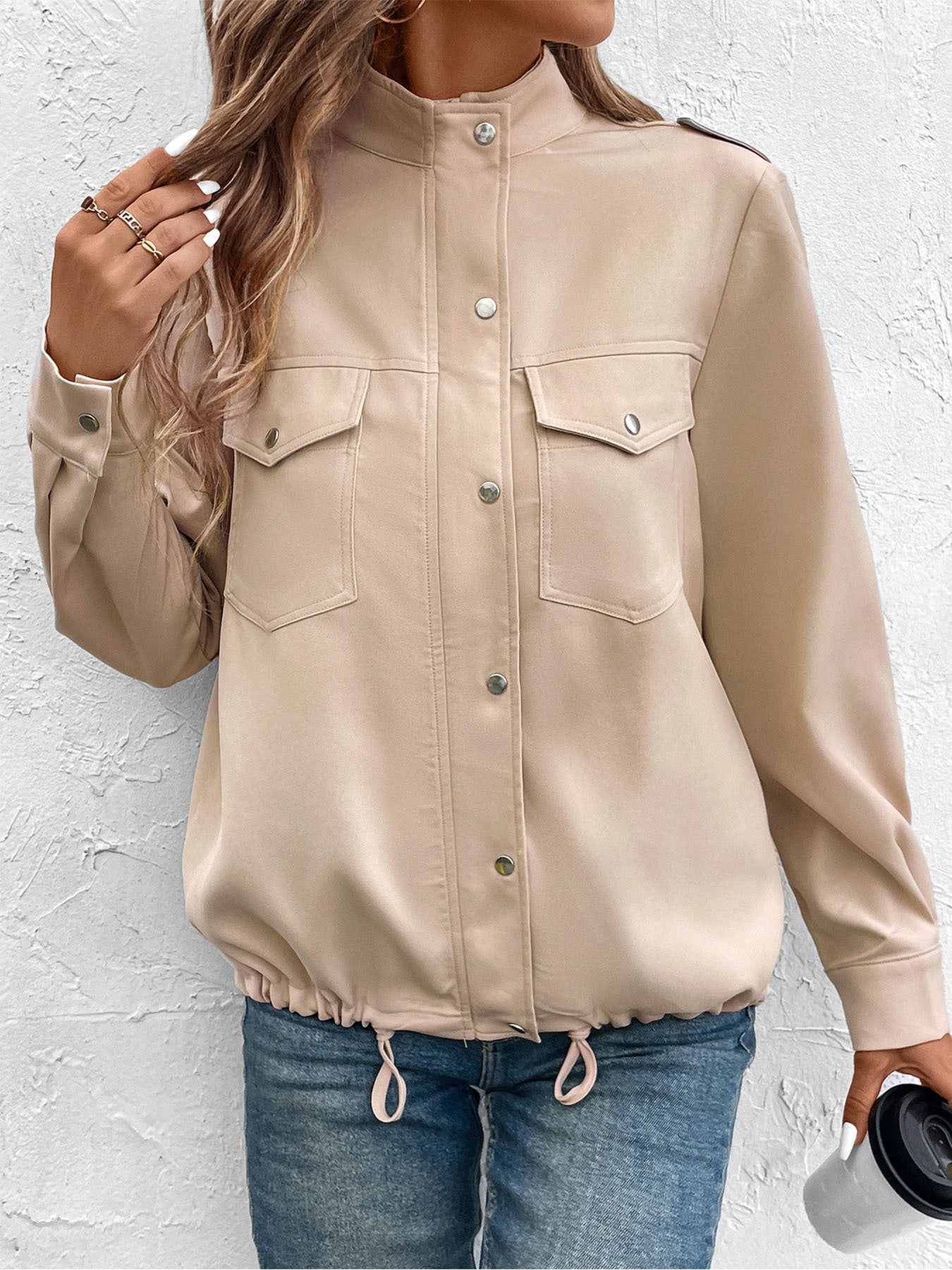 Solid Workwear Jacket with Stand Collar and Flap Pockets