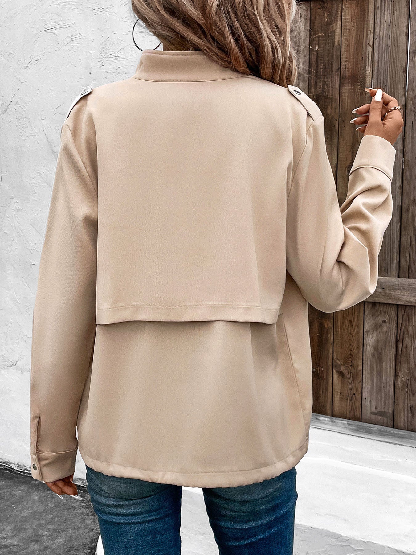 Solid Workwear Jacket with Stand Collar and Flap Pockets