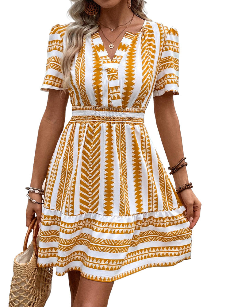 Ethnic Geometric Print A-Line Dress with V-Neck