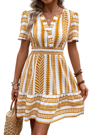 Ethnic Geometric Print A-Line Dress with V-Neck