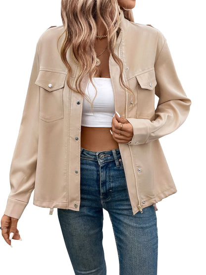 Solid Workwear Jacket with Stand Collar and Flap Pockets