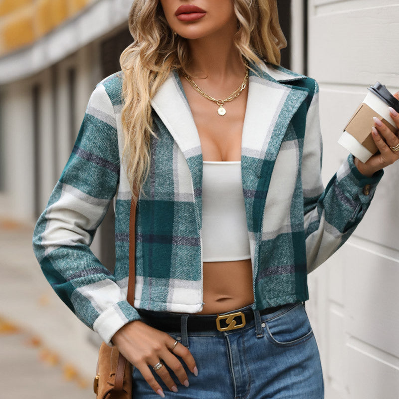 Cropped Plaid Jacket with Lapel Collar and Long Sleeves