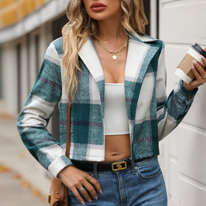 Cropped Plaid Jacket with Lapel Collar and Long Sleeves
