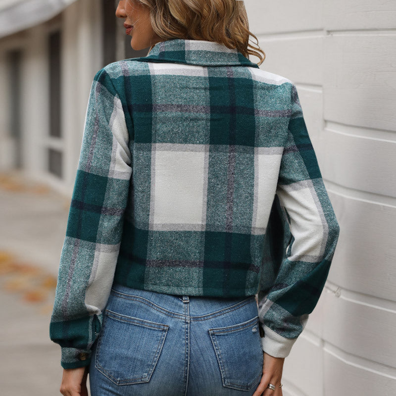 Cropped Plaid Jacket with Lapel Collar and Long Sleeves