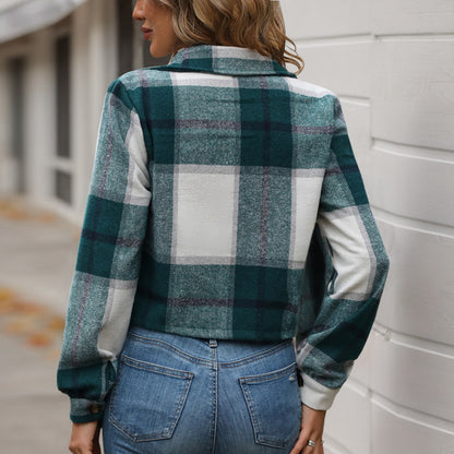 Cropped Plaid Jacket with Lapel Collar and Long Sleeves