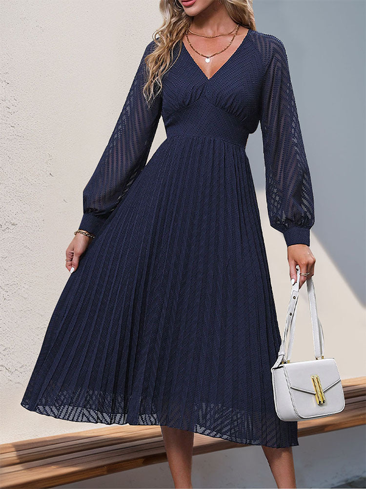 Pleated Midi Dress with V-Neck and Sheer Sleeves