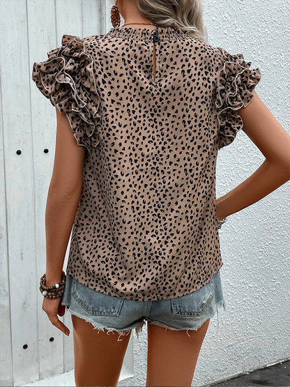 Leopard Print Blouse with Ruffled Cap Sleeves and Gathered Neck