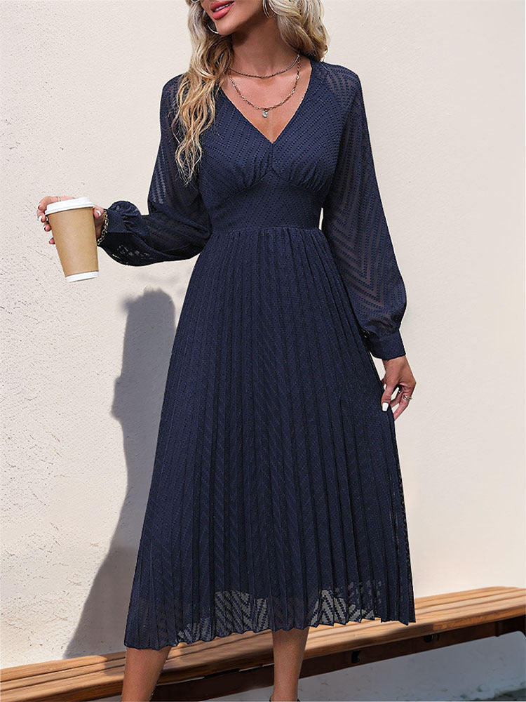 Pleated Midi Dress with V-Neck and Sheer Sleeves