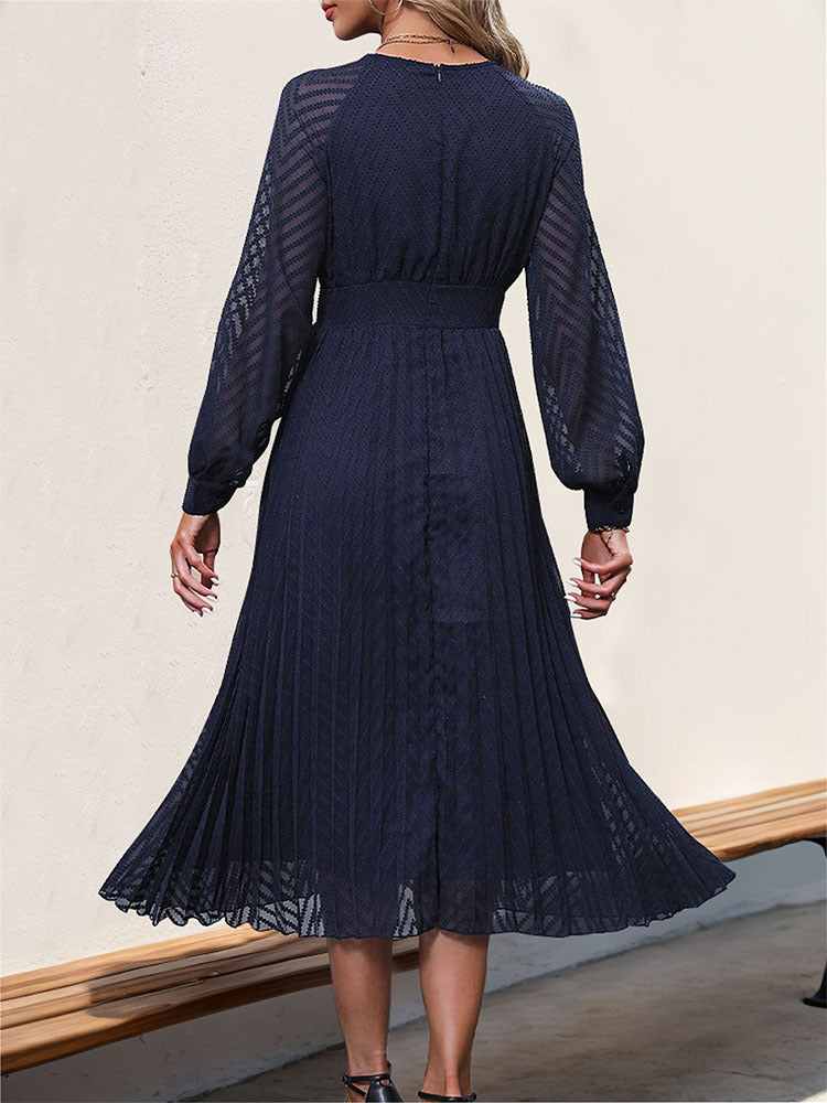 Pleated Midi Dress with V-Neck and Sheer Sleeves