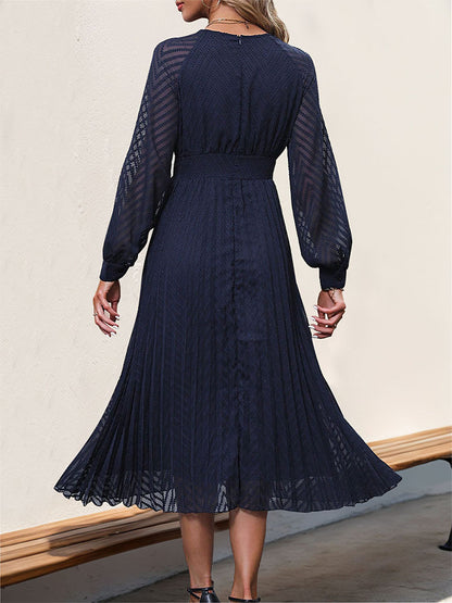 Pleated Midi Dress with V-Neck and Sheer Sleeves
