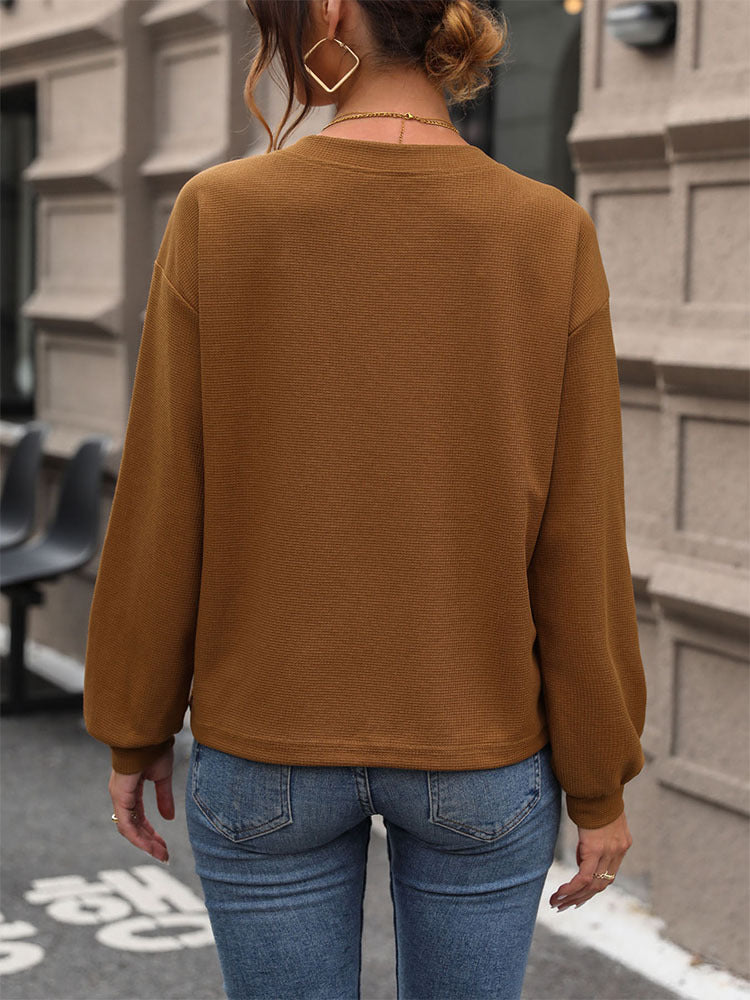 Waffle Knit Long-Sleeve Top with V-Neck