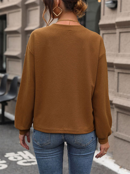 Waffle Knit Long-Sleeve Top with V-Neck
