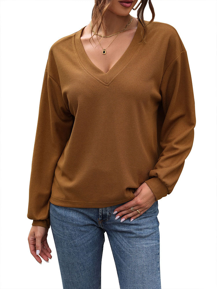 Waffle Knit Long-Sleeve Top with V-Neck