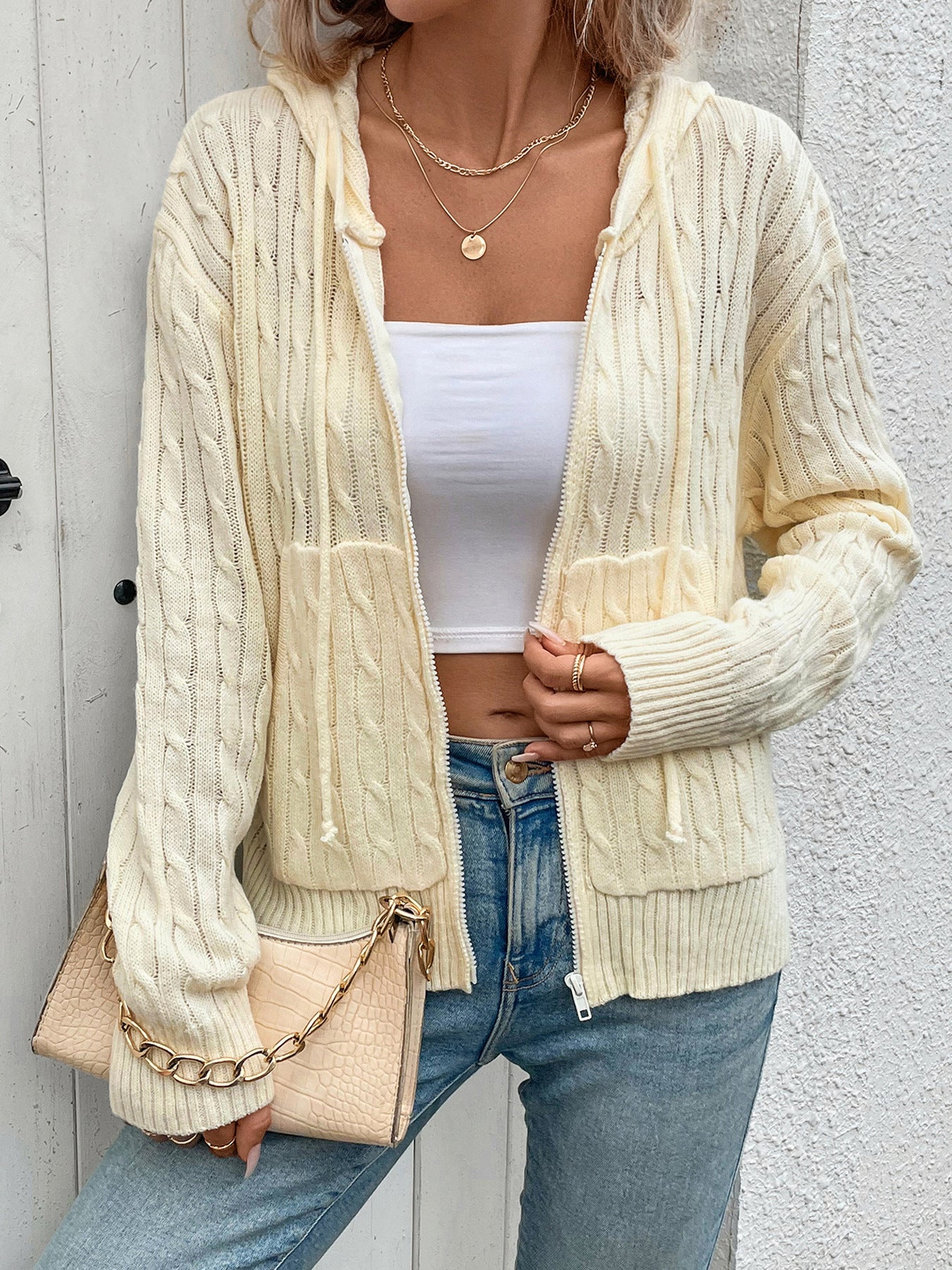Cable Knit Hooded Cardigan with Zipper Front and Pockets