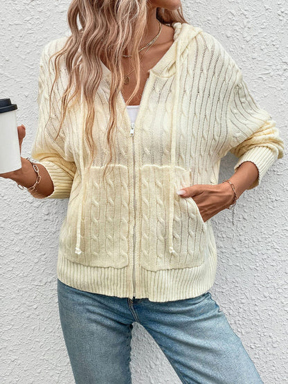Cable Knit Hooded Cardigan with Zipper Front and Pockets