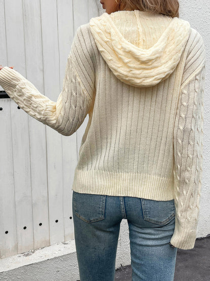 Cable Knit Hooded Cardigan with Zipper Front and Pockets